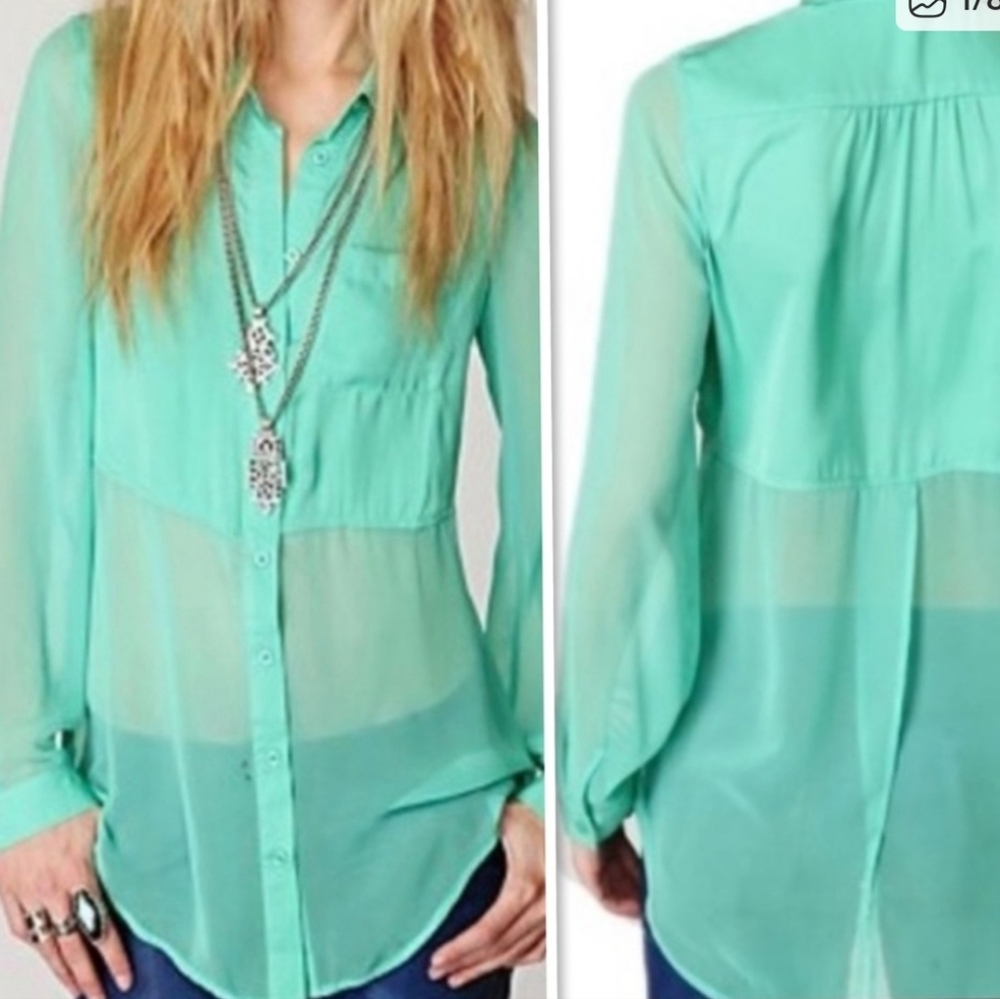 Free People Green Poly Chiffon Sheer Button Shirt